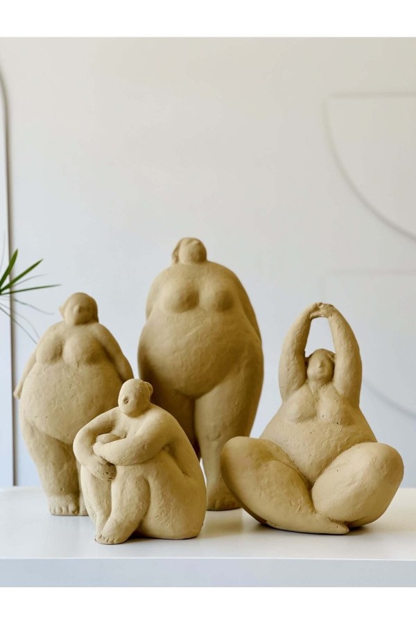 Alle Fat Lady Koleksiyonu Dekoratif Heykel 4lü Bej Keten