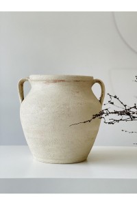 Lonree Eskitme Büyük Boy Kulplu Toprak Vazo Krem