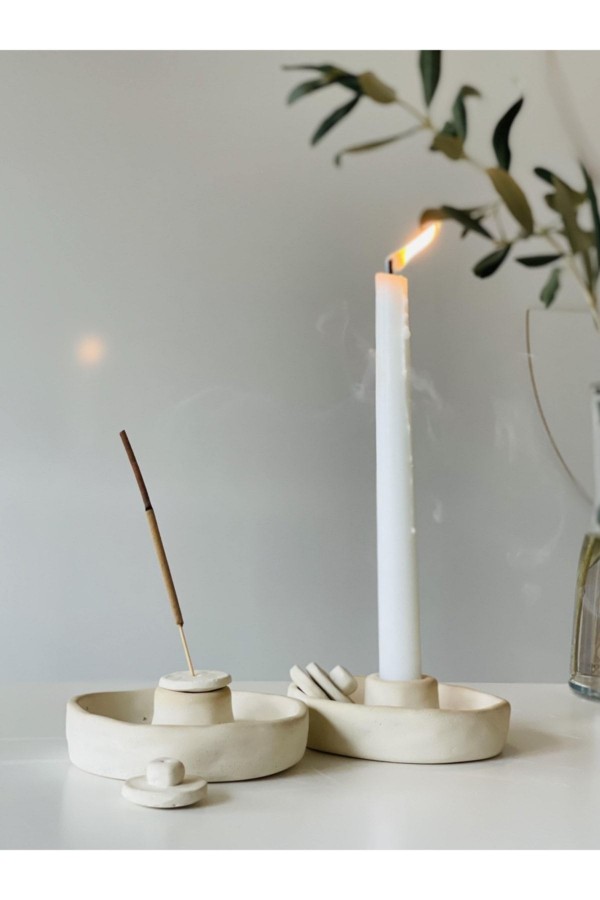 El Yapımı 2li Kapaklı Şamdan Tütsülük Krem