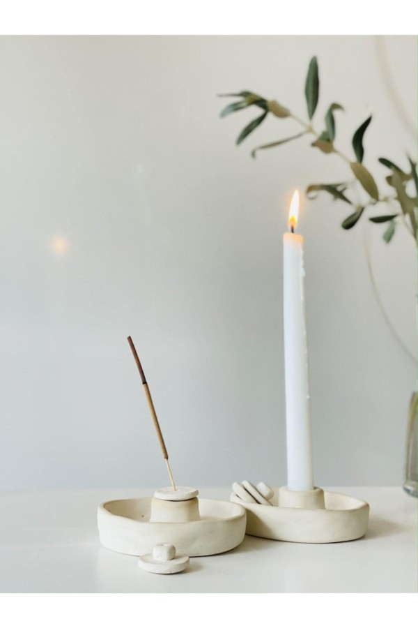 El Yapımı 2li Kapaklı Şamdan Tütsülük Krem