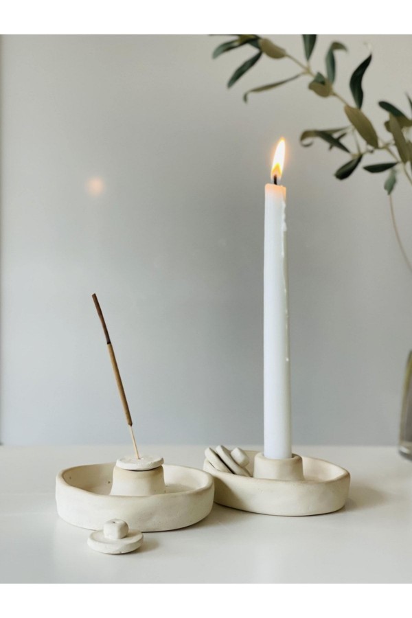 El Yapımı 2li Kapaklı Şamdan Tütsülük Krem