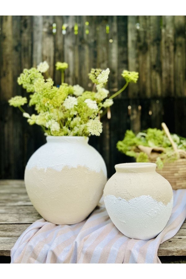 TISSUE KOLEKSİYONU 2Lİ LAMEE GÖBEKLİ VAZO SETİ YOĞUN DOKULU MAT KREM BEYAZ