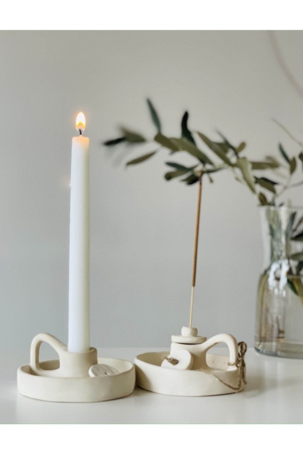 El Yapımı 2,li Krem Kulplu Kapaklı Şamdan Tütsülük