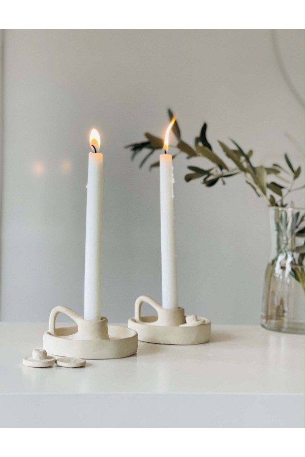 El Yapımı 2,li Krem Kulplu Kapaklı Şamdan Tütsülük