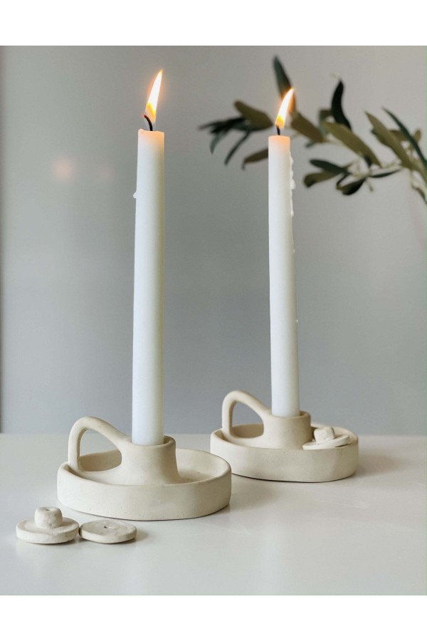 El Yapımı 2,li Krem Kulplu Kapaklı Şamdan Tütsülük