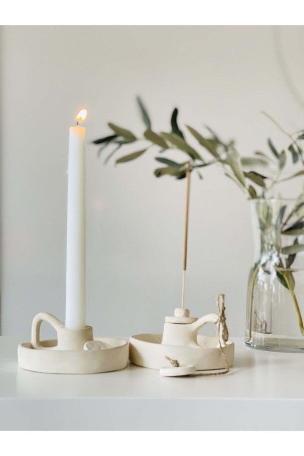 El Yapımı 2,li Krem Kulplu Kapaklı Şamdan Tütsülük