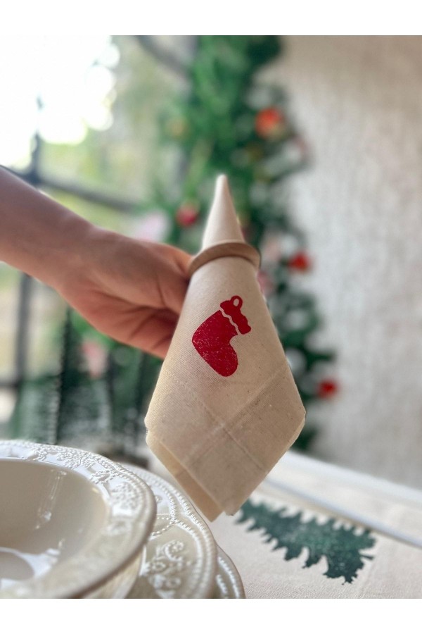 Yılbaşı Özel El Baskısı Sunumluk Organik Sofra Peçetesi 6'lı